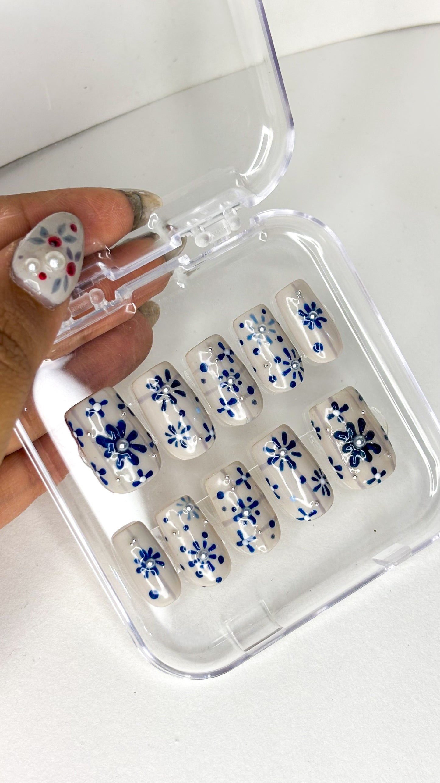 Indigo Bloom – XS Hand-Painted Press-On Nails