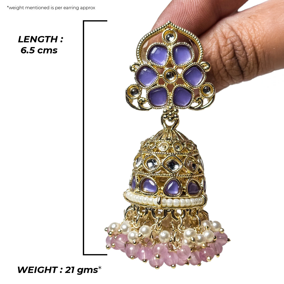 Pallavi Jhumka Earrings: intricate gold-toned Indian dangle earrings with pearl accents and delicate filigree work.