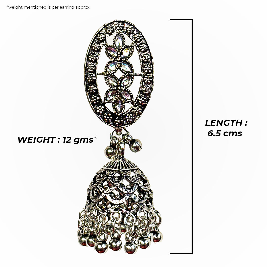 Aruni Jhumki Earrings: Intricate gold-toned bell-shaped earrings with beaded detailing and dangling pearl accents.