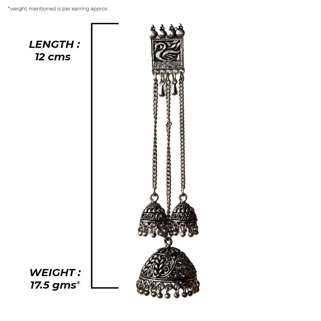 Chitra Long Earrings: Delicate gold-toned dangly earrings with intricate floral details and pearl accents.