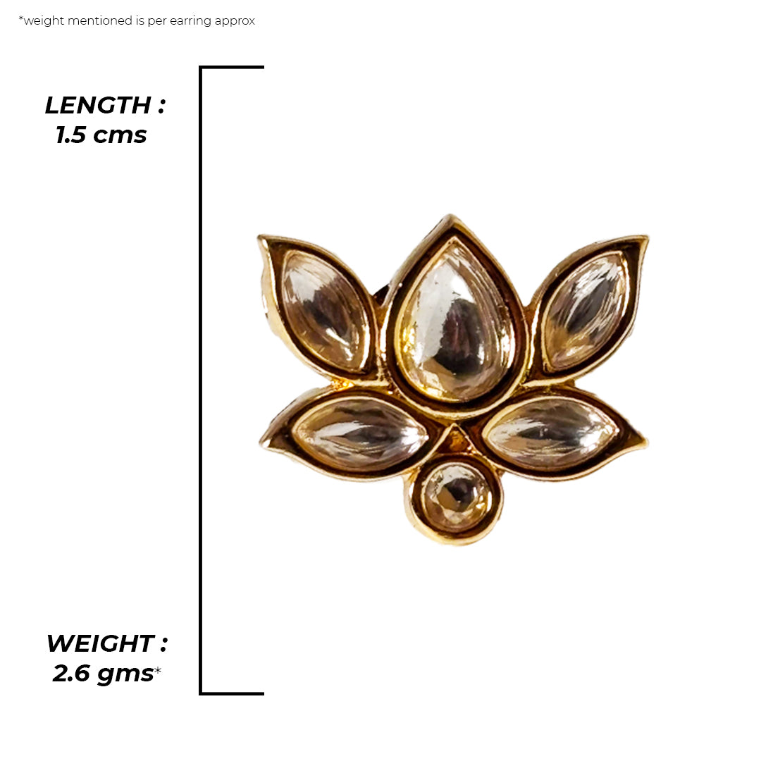 Close-up of Padma Earrings, delicate gold lotus flowers with intricate detailing, perfect for adding elegance.