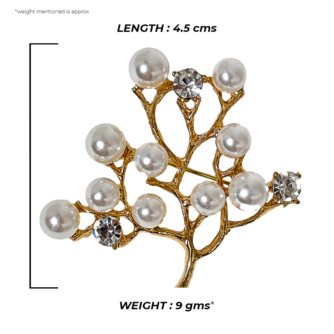 Close-up of the Vanya Saree Pin, a delicate floral design with pearl accents and intricate metalwork.