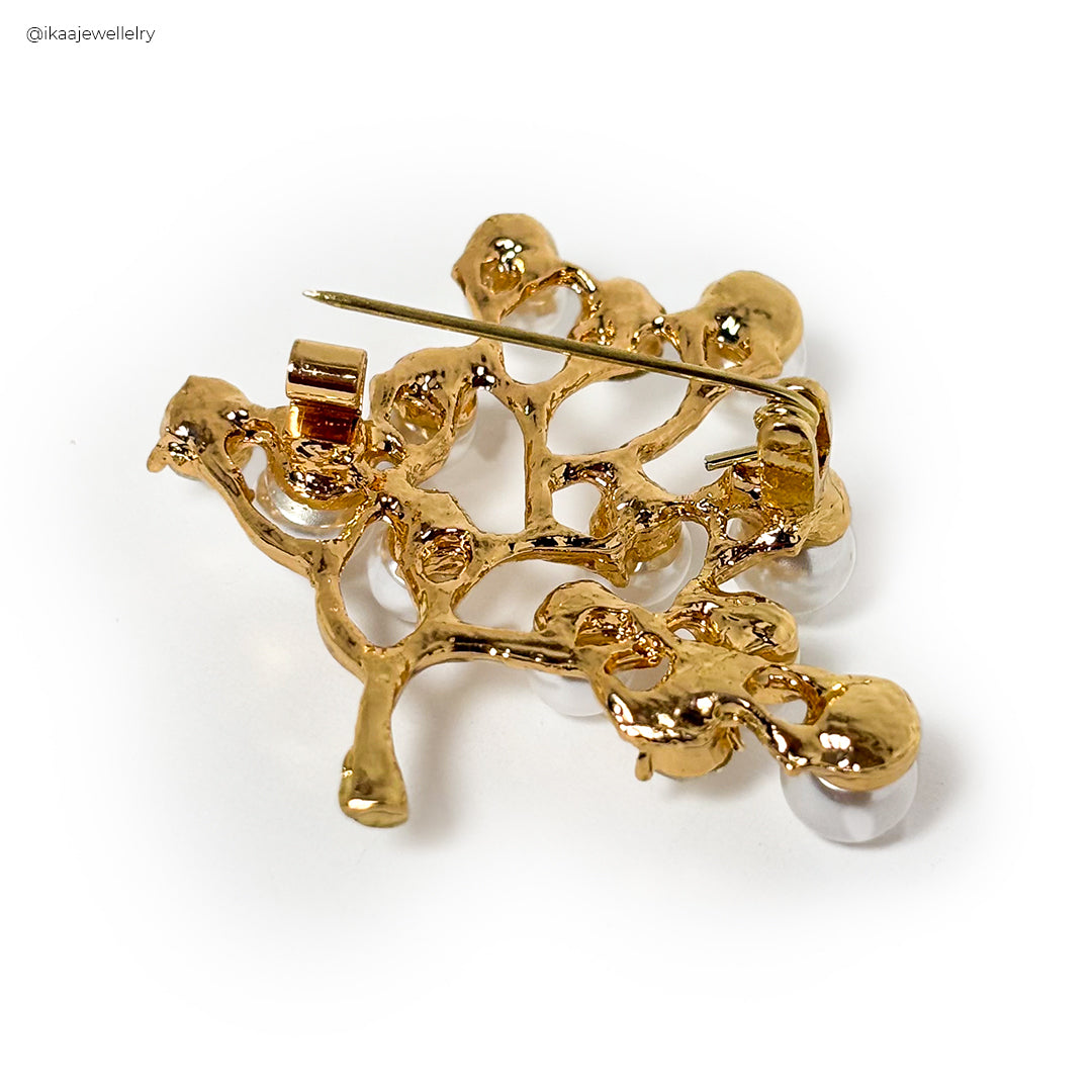 Close-up of the Vanya Saree Pin, a delicate silver floral design with intricate pearl and crystal embellishments.