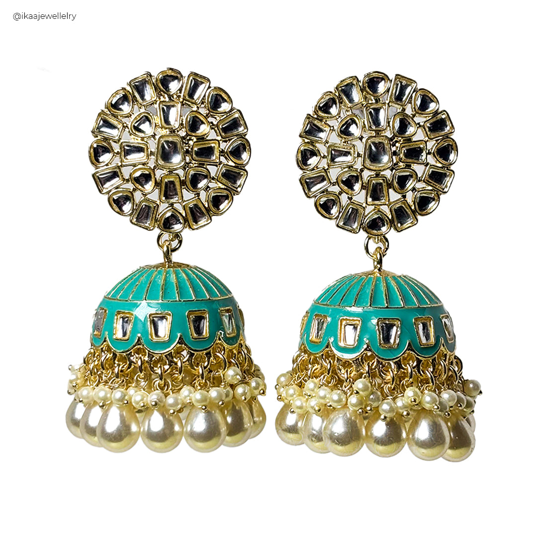 Aaria Jhumki Earrings: Intricate gold-toned jhumki earrings with delicate pearl accents and a floral motif.