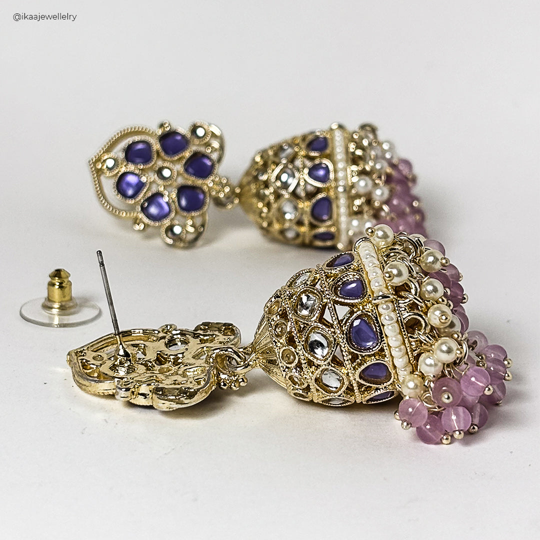 Pallavi Jhumka Earrings: intricately designed gold-toned jhumkas with pearl accents, showcasing traditional Indian