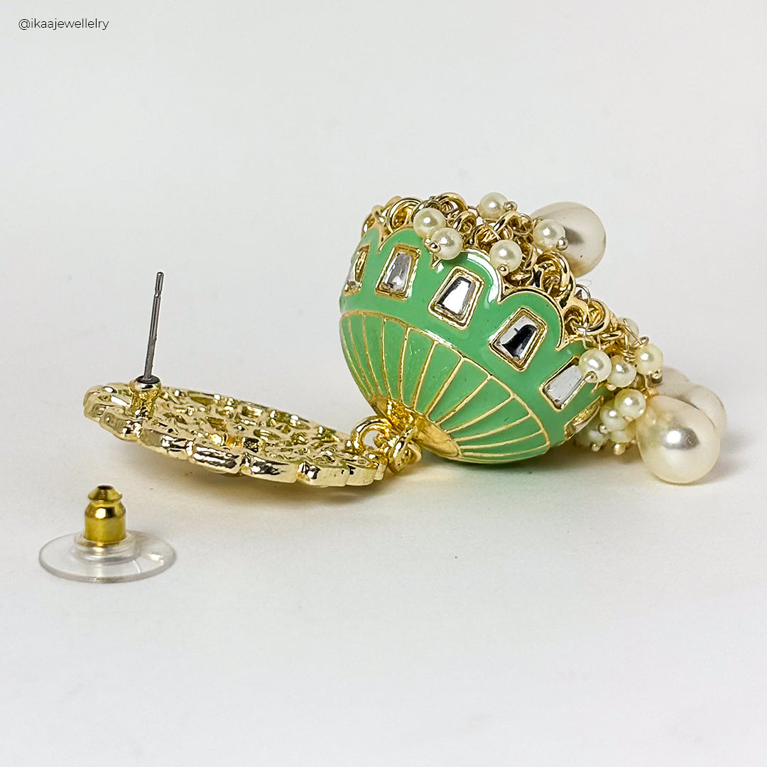 Aaria Jhumki Earrings: intricately detailed gold-toned jhumki earrings with delicate pearl drops and floral motifs.