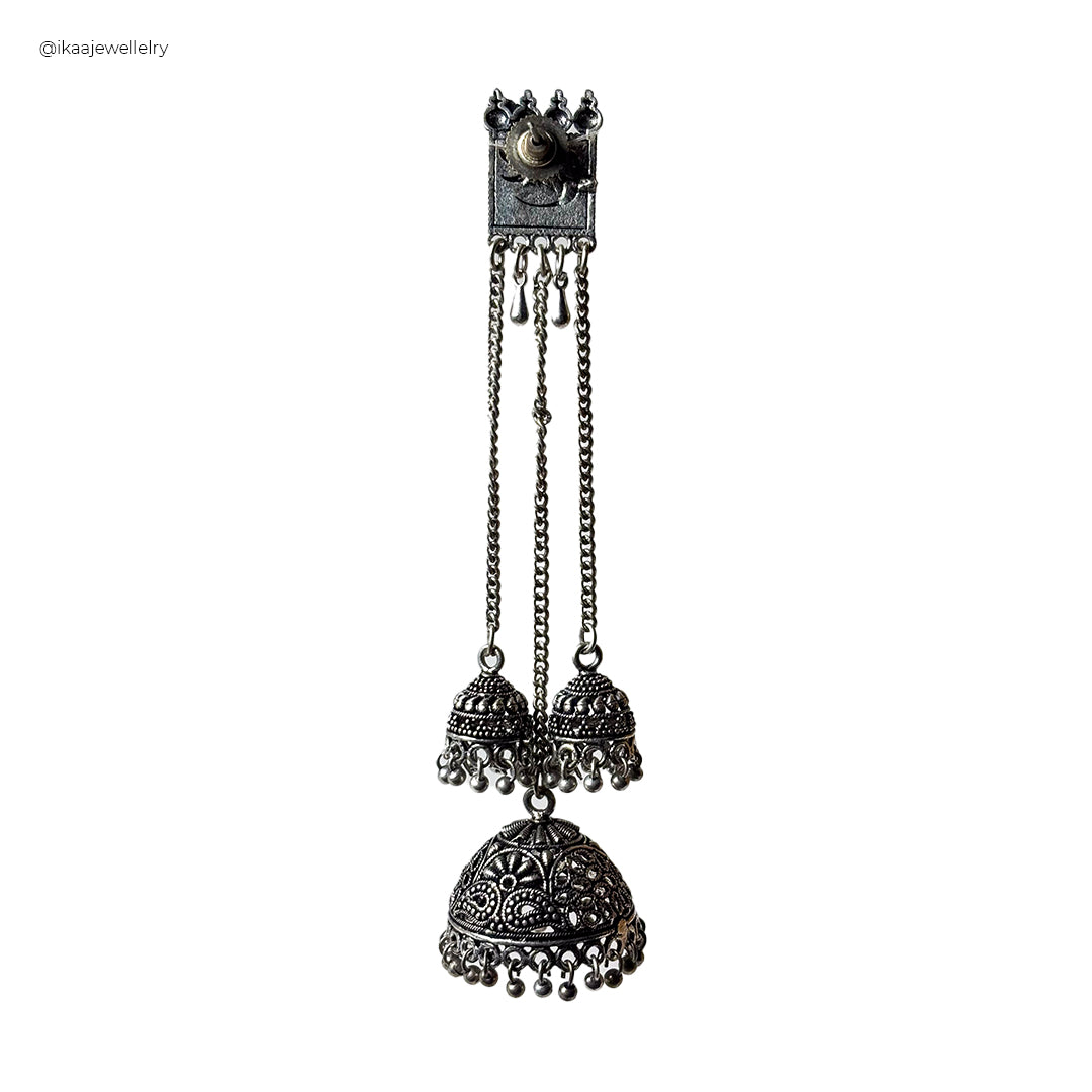 Chitra Long Earrings: Elegant gold-toned drop earrings with intricate floral motifs and dangling pearl accents.