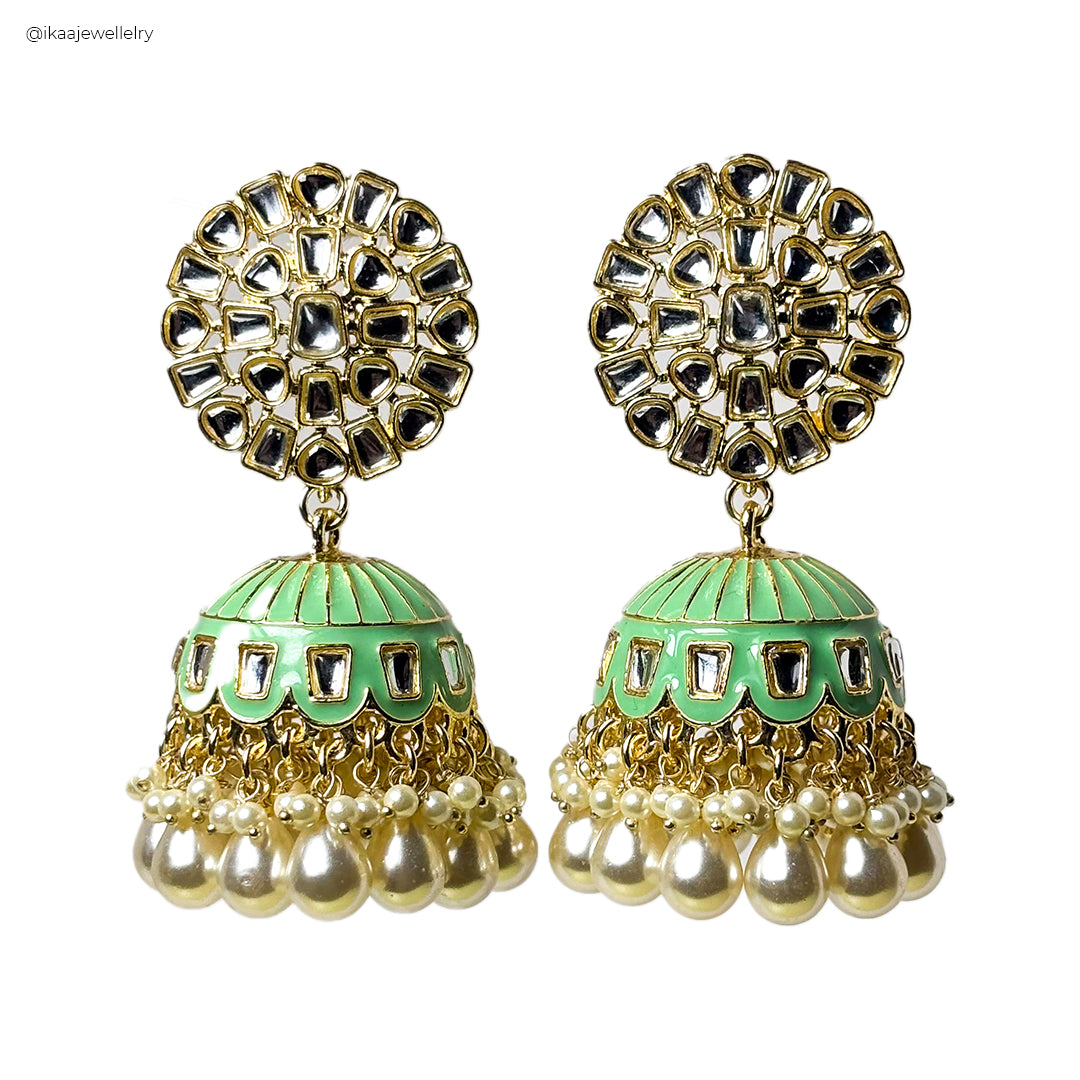Aaria Jhumki Earrings: Delicate gold jhumki earrings with intricate floral detailing and pearl accents.
