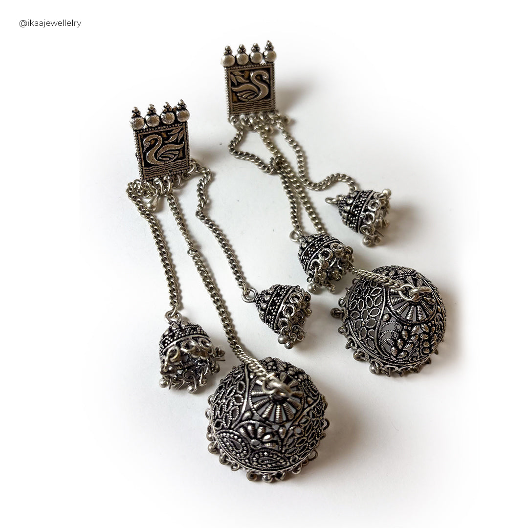 Chitra Long Earrings: Elegant gold drop earrings featuring intricate floral designs and delicate pearl accents.