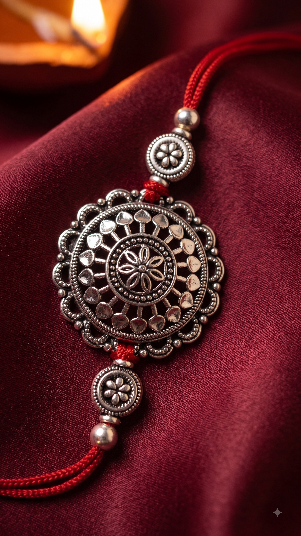 Oxidised Silver Floral Rakhi with Red Thread