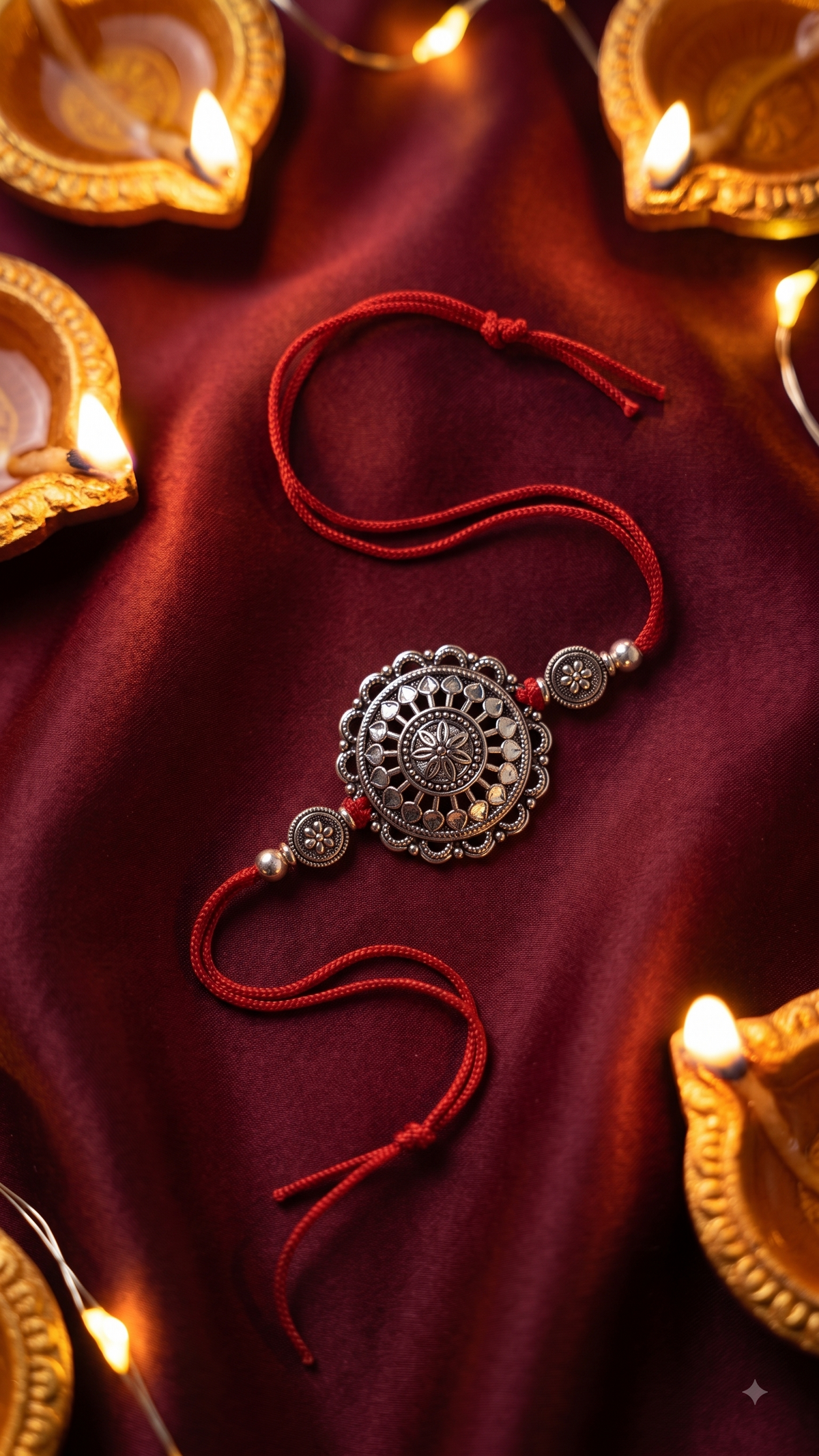 Oxidised Silver Floral Rakhi with Red Thread
