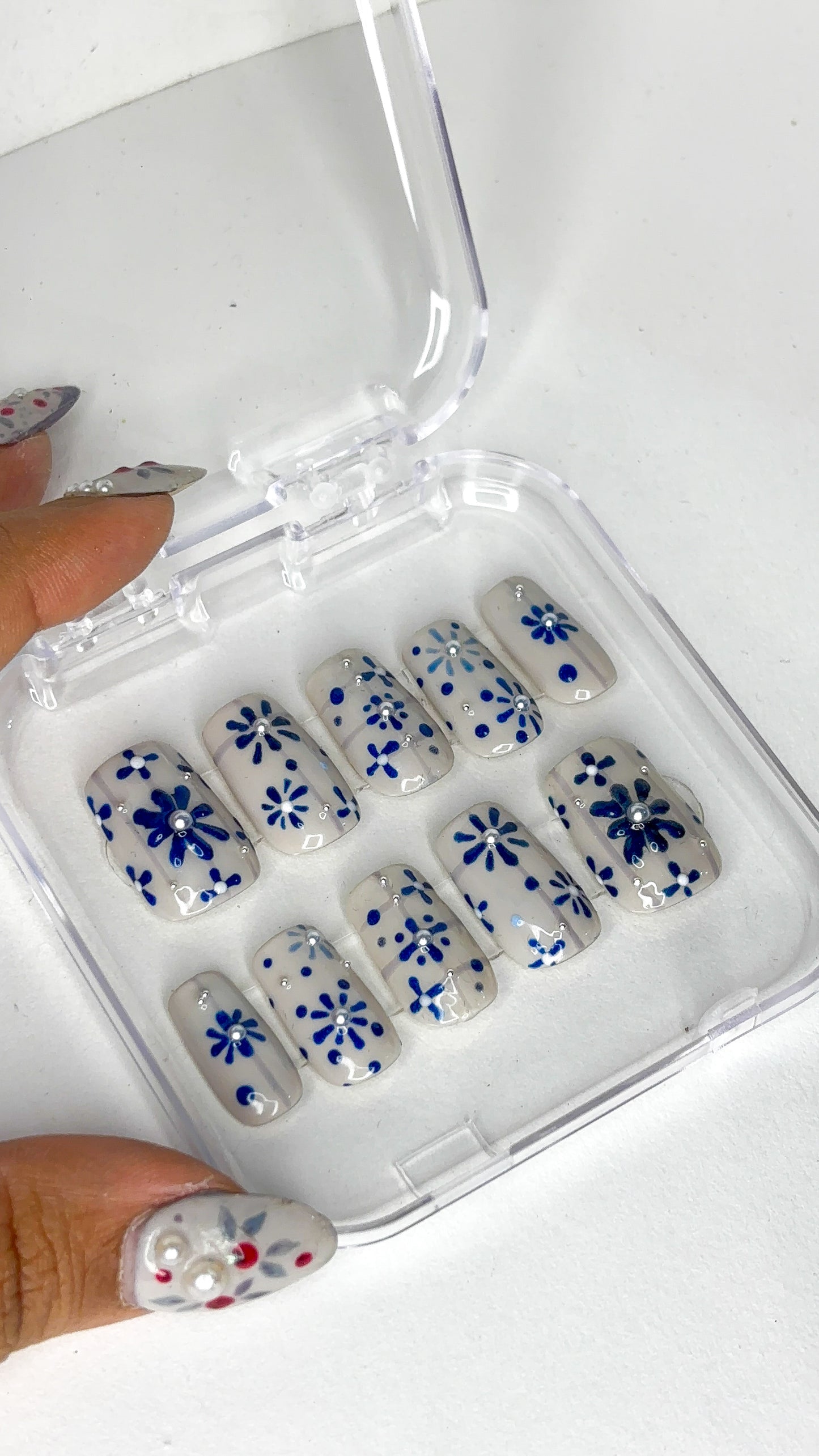 Indigo Bloom – XS Hand-Painted Press-On Nails