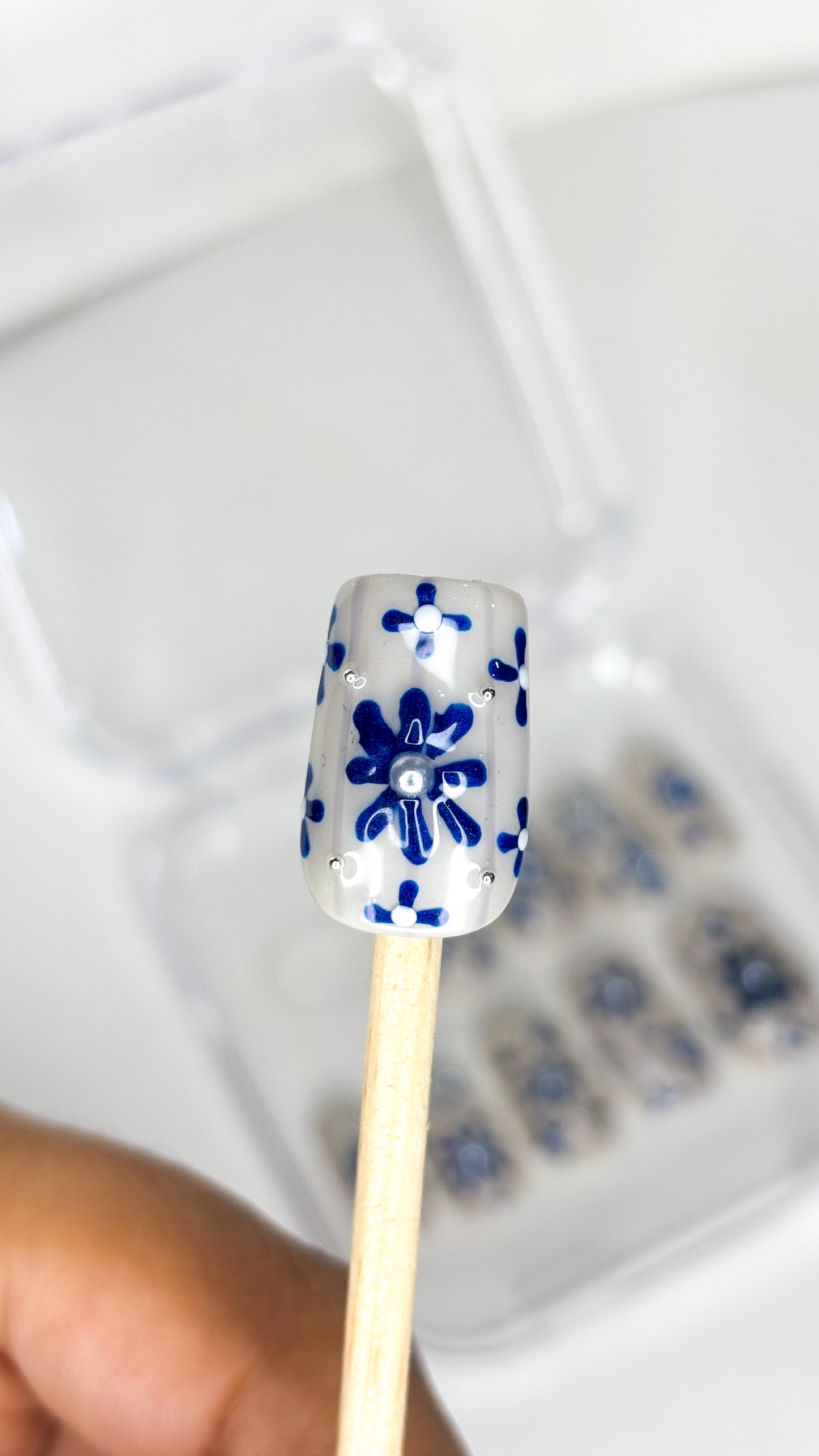 Indigo Bloom – XS Hand-Painted Press-On Nails