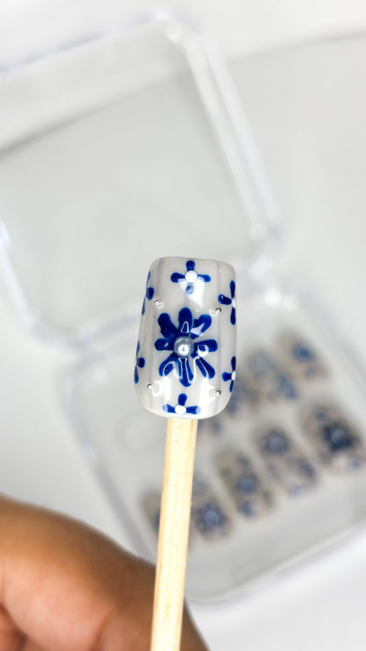 Indigo Bloom – XS Hand-Painted Press-On Nails